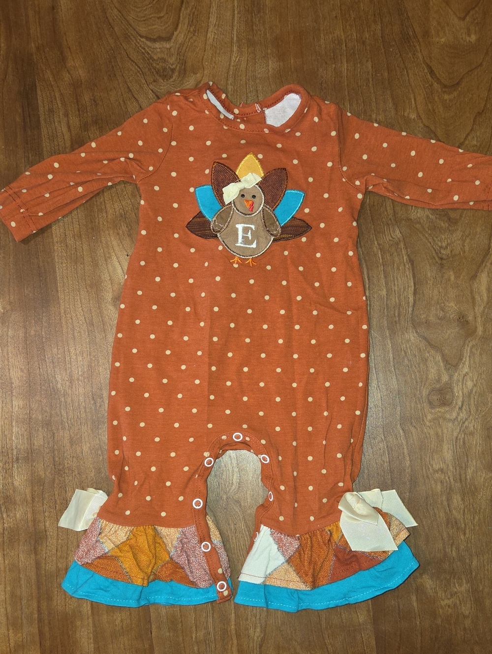 Ricrac & Ruffled Rust Orange Polka Turkey Ruffle Baby  One-Piece